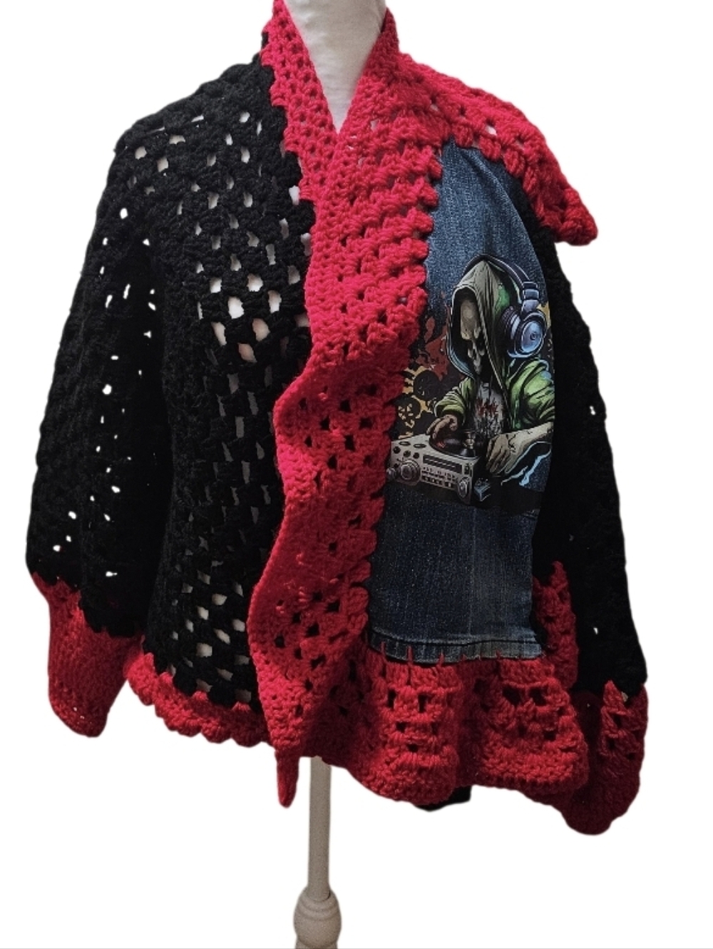 Women Granny Square Punk Cardigan Skull DJ Upcycled Denim Crochet Jacket Boho - Picture 13 of 16